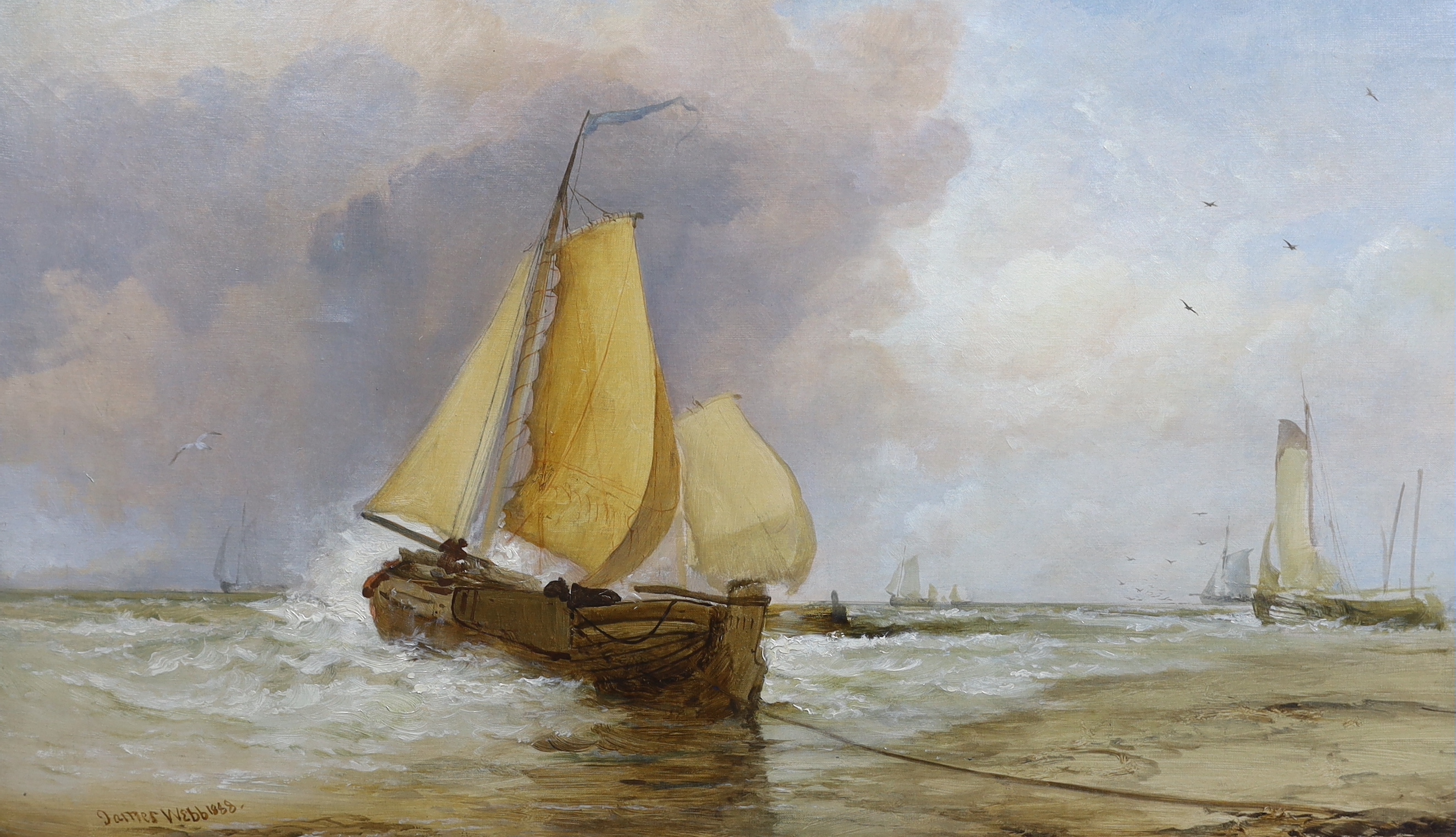 James Webb (British, 1825-1895), 'Putting to sea', oil on canvas, 50 x 85cm